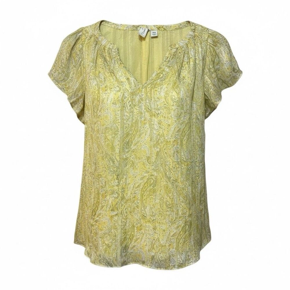 Joie Metallic Paisley V-Neck Blouse M • Boho Chic Flutter Sleeve Top Yellow Gold